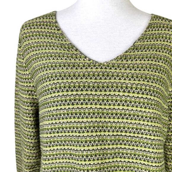 Christopher & Banks Retro Green & Tan Chunky Knit Cotton V-neck Pullover Sweater - Picture 5 of 13